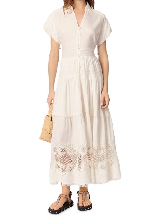 Maje Dresses & Skirts - Maje Cream Button-Front Maxi Dress with Lace Design Size 38=US Size 6/8